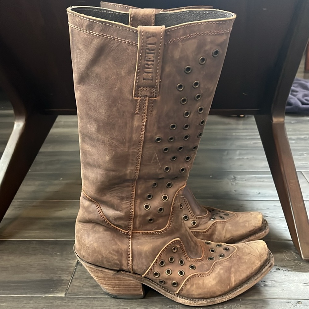 Liberty chocolate brown leather boots - stunning g rivet details